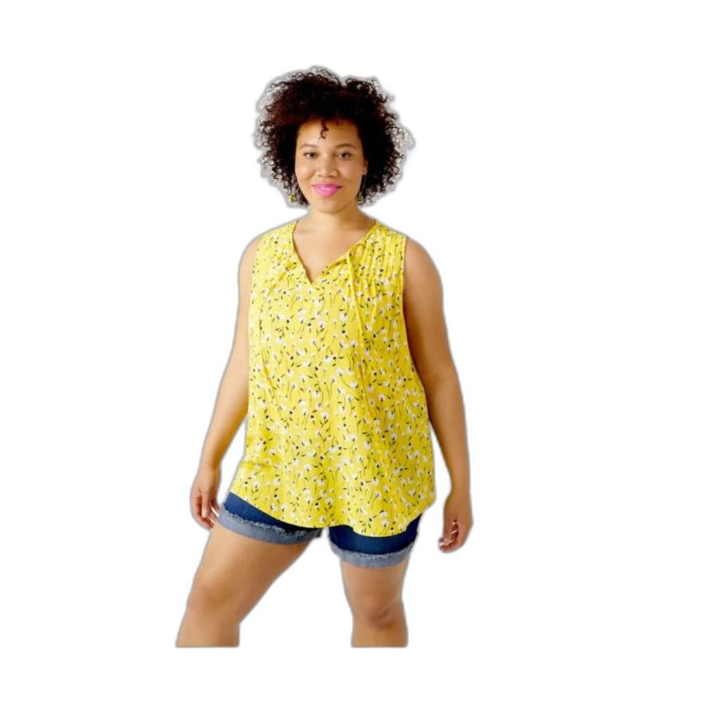 Molly & Isadora (Dia) Blouse Size 2x Yellow Floral Sleeveless Tie Neck